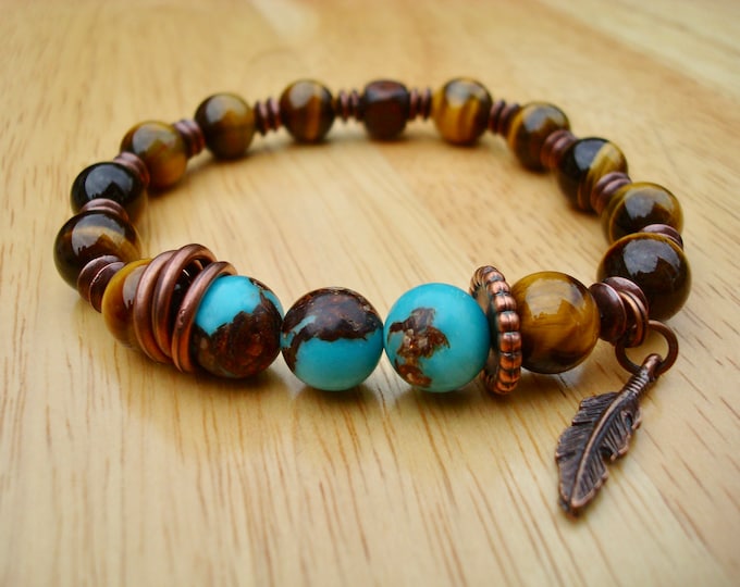 Native American Men's Spiritual Protection, Fortune,  Bracelet - Semi Precious Tiger's Eye, Bronzite Turquoise, Copper Feather Charm, Wood