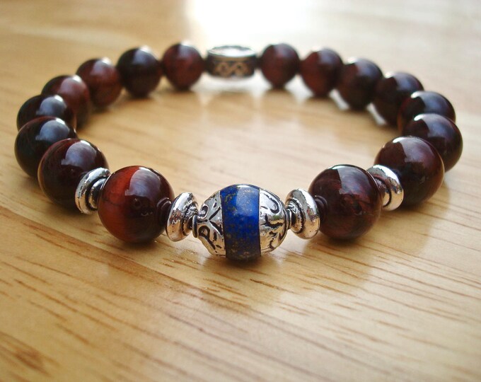 Men's Spiritual Healing, Protection, Good Fortune, Friendship Bracelet - Semi Precious Red Tiger's Eye, Tibetan Lapis Lazuli Silver Capped