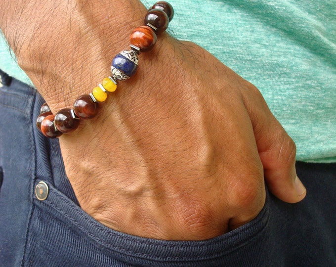 Men's Spiritual Healing, Protection, Fortune, Serenity Bracelet Semi Precious Red Tiger's Eye, Guru Tibetan Silver and Lapis Bead, Jade