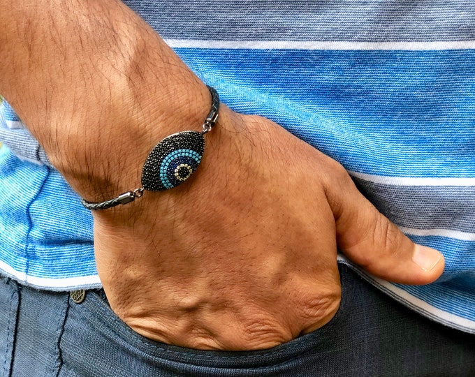 Evil Eye Men's Bracelet wiith a Flair and Subtle Design - Stunning Micro Pave Turquoise, Black, Cobalt, White CZ, Black Braided Leather Cord