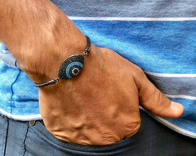 Evil Eye Men's Bracelet wiith a Flair and Subtle Design - Stunning Micro Pave Turquoise, Black, Cobalt, White CZ, Black Braided Leather Cord