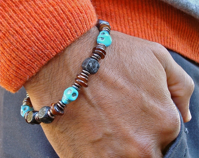 Men's Rocker Bracelet with Carved Turquoise Skulls, Brown Shell, Black Wood Cubes, Gunmetal Rondelles - Steampunk Man Bracelet - Gothic