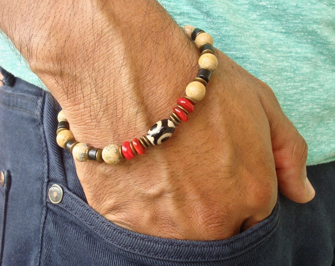 Men's Spiritual Healing, Strength, Fortune, Protection Bracelet with Semi Precious Tibetan Agate, Grain Stone, Red Shell, Black Wood, Brass