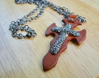 Long Statement Necklace with Brown Italian Leather Cross, Pave Hematites in Silver tone, Black Rhodium Link Chain - Free Spirit Man Necklace