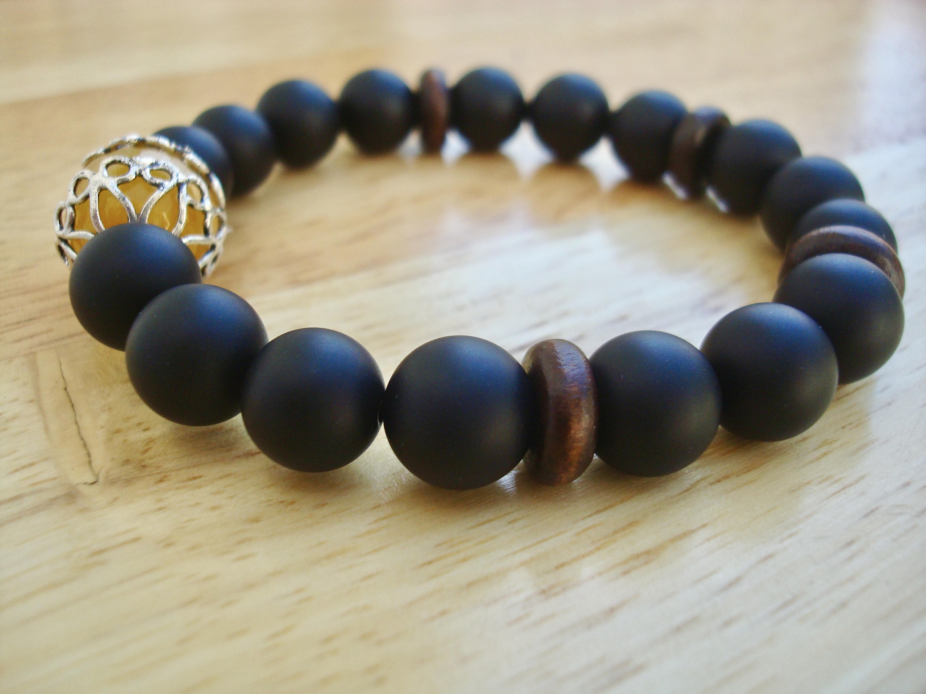 Men's Spiritual Love, Fortune Bracelet With Semi Precious Black Matte Onyx,  Yellow Faceted Agate, Wood Rondelles, Bohemian Man Bracelet 