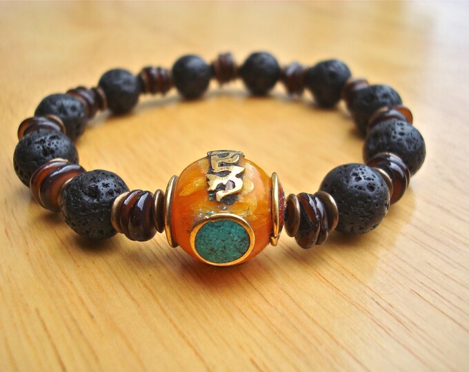 Men's Spiritual Tibetan Om Bracelet with Antique Tibetan Prayer Bead, Black Lava and Shell - Courage, and Power Man Bracelet - Yoga Bracelet