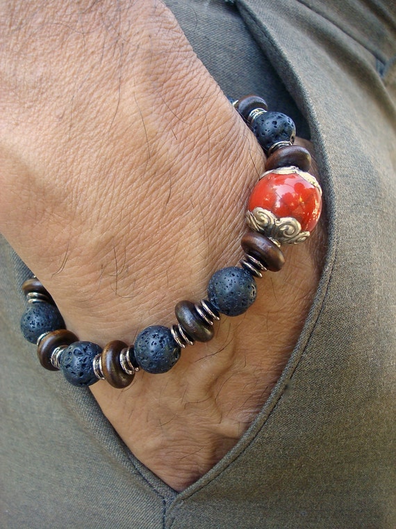 Men's Spiritual Nepalese Bracelet, Red Resin Guru Silver Capped, Lava,  Wood, Gunmetal Rondelles, Bohemian Tibetan Yoga Man Bracelet Fortune 