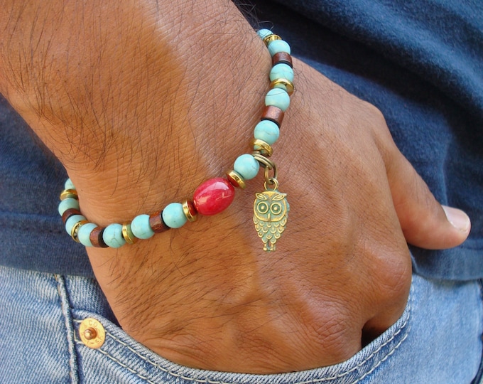 Unisex Spiritual Protection and Owl Wisdom Bracelet with Semi Precious Ruby Carnelian, Turquoise, Hematites, Wood, Brass Owl Charm- Boho Man