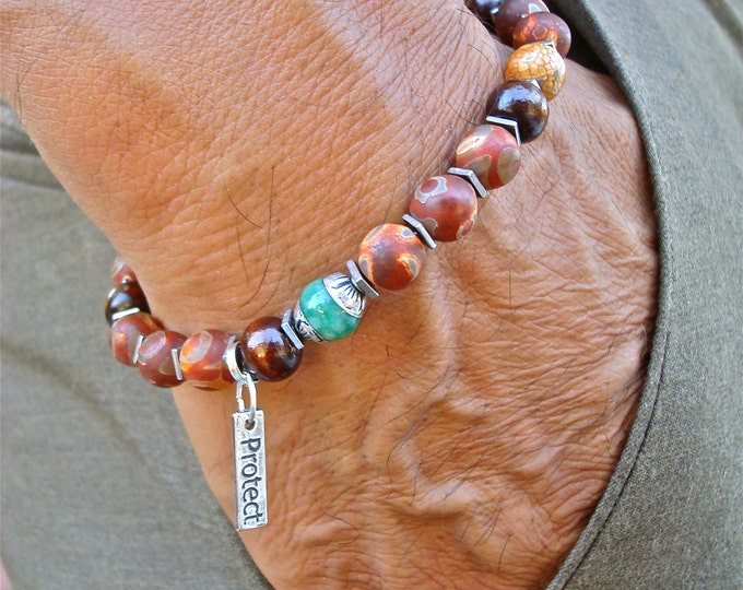 Men's Spiritual Protection, Serenity Bracelet with Semi Precious Matte Tibetan Eye Agates, Hematites, Silver Capped Jade, Protect Silver Tag