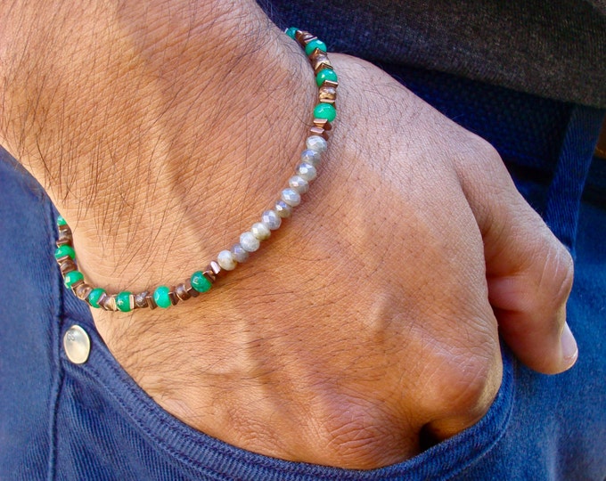 Minimalist Bracelet Spiritual Healing, Protection, Serenity, Dreams Harmony - Semi Precious Labradorite, Green Jade, Hematites, Tan Wood