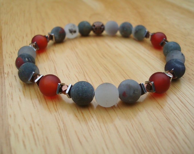 Men's Spiritual Love Protection, Energy and Strength Bracelet - Matte African Bloodstone, Silver and Copper tones Hematites - Love Bracelet