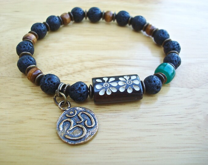 Mens Om Good Fortune bracelet with Black Lava, Recycled Green Glass, Antique Tibetan Bronze Om double sided, Carved Bone, Wood, Brass - Yoga