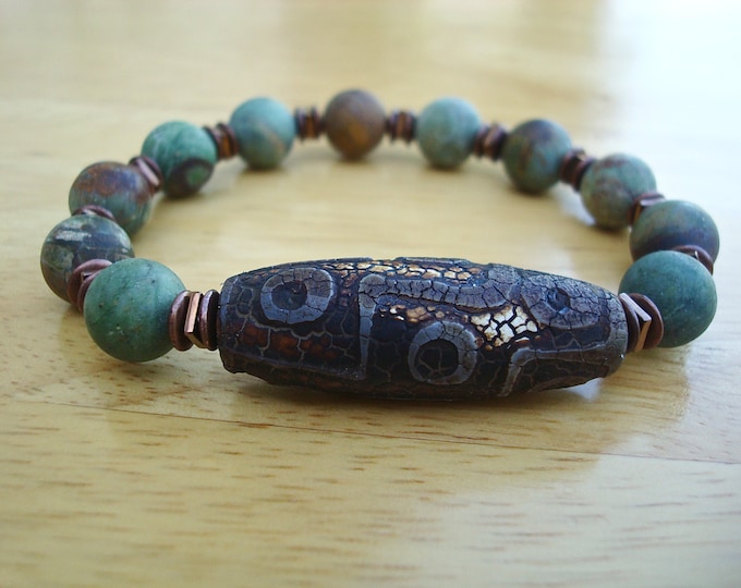 Men's Spiritual Tibetan Bracelet with Semi Precious Matte Opal, Tibetan Dzi Fire 9 Eye Agate, Hematites and Copper-  Yoga Boho Man Bracelet