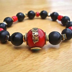 Men&#39;s Spiritual Tibetan Om Bracelet with Semi Precious Onyx, Hematites, Coral, Antique Tibetan Red Resin Om Prayer Brass Turquoise Inlay