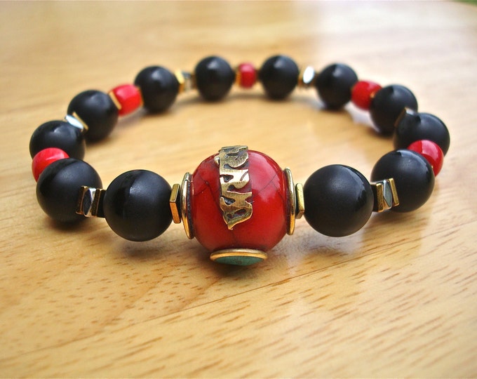 Men's Spiritual Tibetan Om Bracelet with Semi Precious Onyx, Hematites, Coral, Antique Tibetan Red Resin Om Prayer Brass Turquoise Inlay