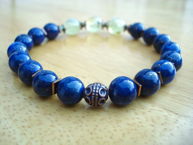 Men's Unconditional Love, Healing, Protection Bracelet with Semi Precious Prehnite, Lapis Lazuli, Hematites and Copper, Meditation Bracelet image 3