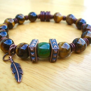 Native American Men's Spiritual Protection, Balance Bracelet with Semi Precious Tiger's Eye, American Turquoise, Copper Feather Charm, Wood