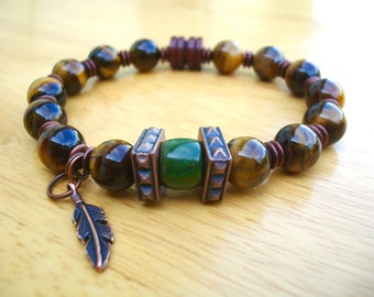 Native American Men's Spiritual Protection, Balance Bracelet with Semi Precious Tiger's Eye, American Turquoise, Copper Feather Charm, Wood