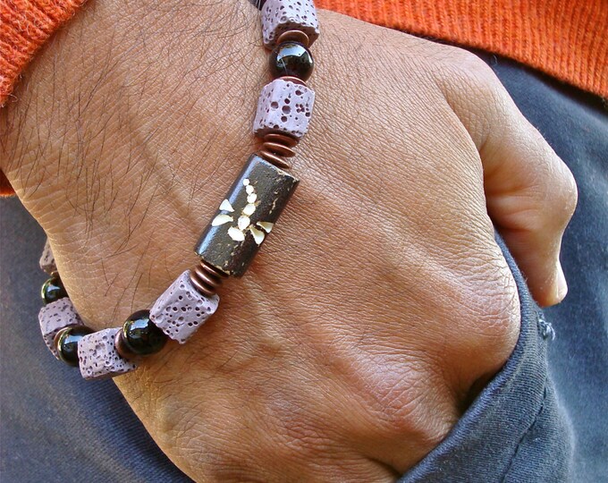 Men's Spiritual Protection, Good Fortune, Determination Bracelet with Semi Precious Black Jasper, Malva Lava Cubes, Carved Dragonfly Bone