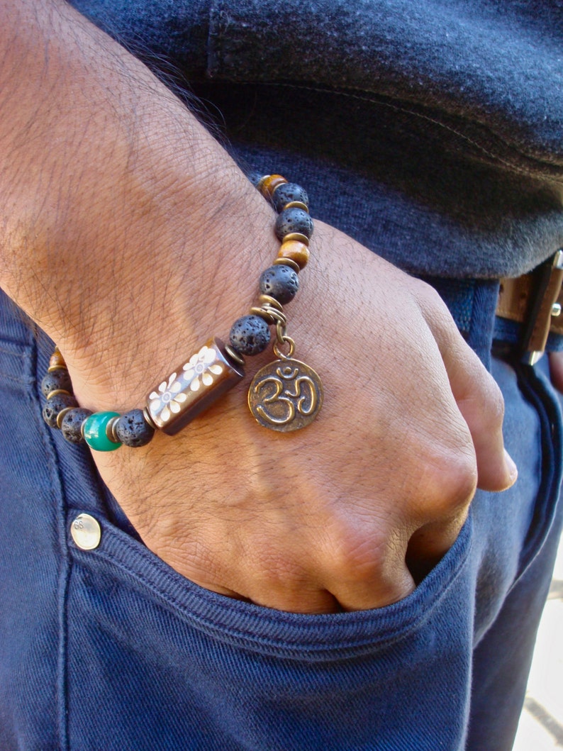 Mens Om Good Fortune Bracelet With Black Lava Recycled Green Etsy