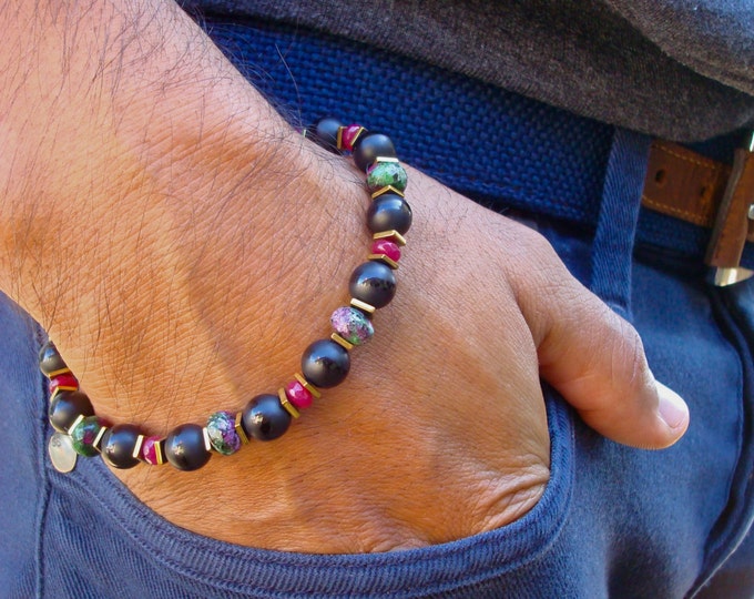 Spiritual Healing, Serenity, Fortune, Strength, Luck  Bracelet with Semi Precious Ruby Zoisite, Ruby Jade, Black Matte Onyx, Brass Hematites