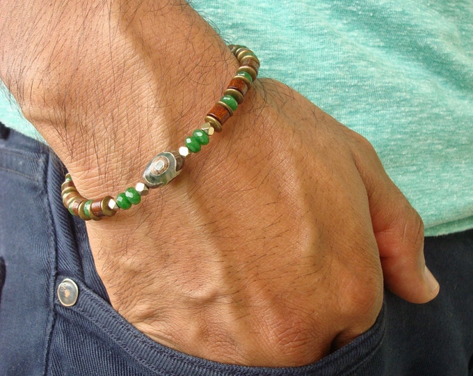 Men's Minimalist Spiritual Protection, Serenity, Tibetan Bracelet - Semi Precious Tibetan Agate, Emerald Jade, Hematites, Wood - Yoga Man
