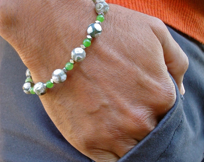 Men's Minimalist Spiritual Healing, Wisdom, Luck Bracelet with Semi Precious Faceted Olive Tibetan Eye Agates, Green Jade, Silver Hematites,