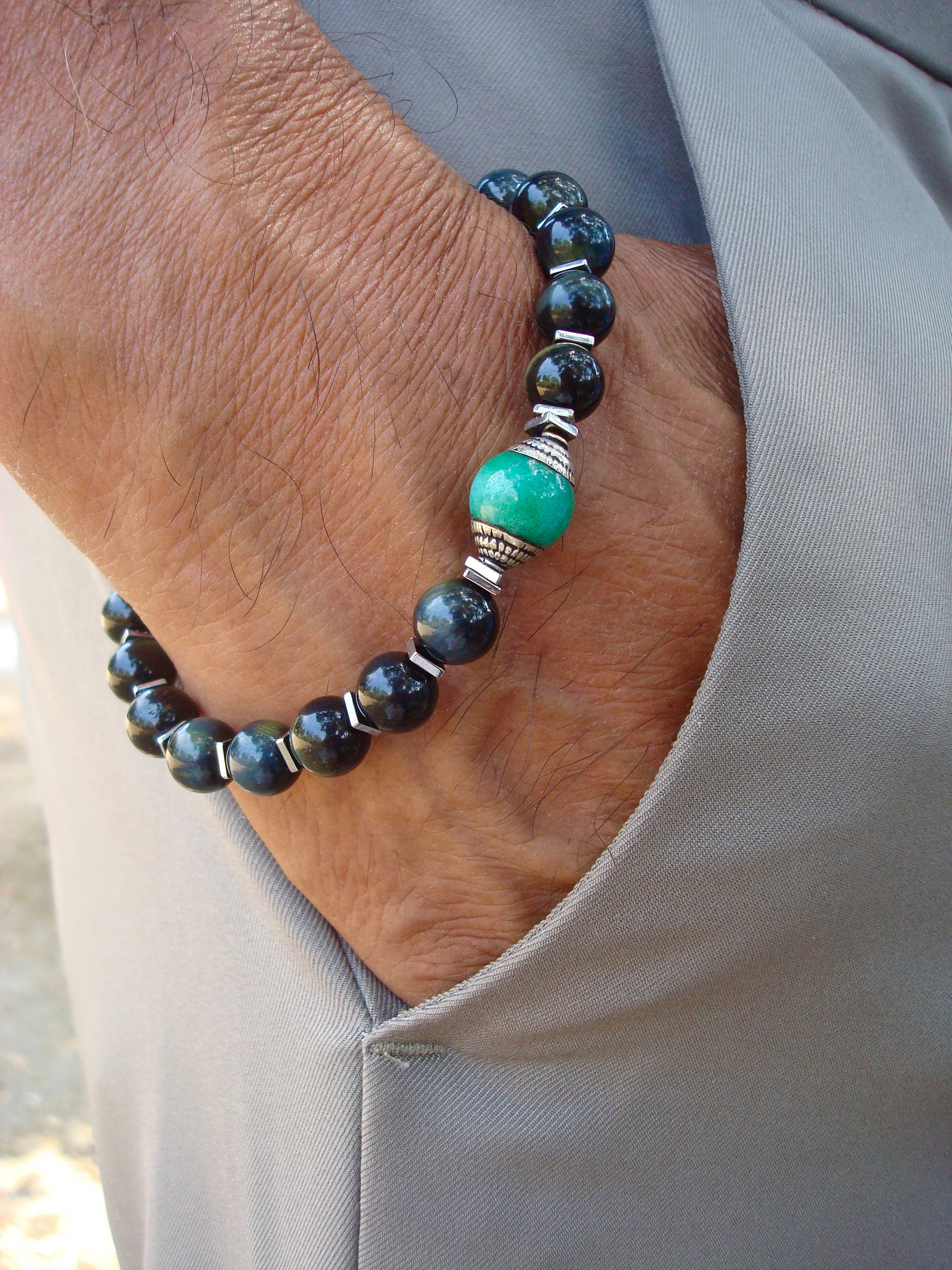 Men's Spiritual Healing, Protection, Wisdom Tibetan Bracelet with Semi  Precious Blue Yellow Tiger's Eye, Tibetan Green Jade, Hematites