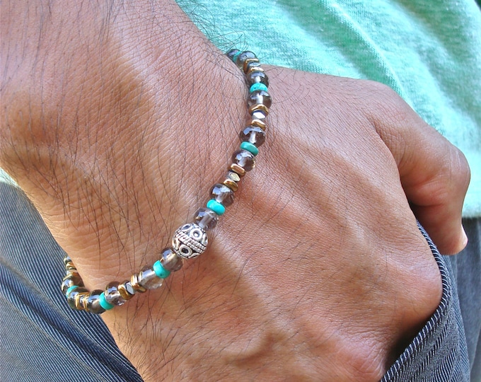 Men's Minimalist Spiritual Healing and Protection Bracelet Semi Precious Smoky Quartz, Hematites, African Turquoise - David Beckham Bracelet