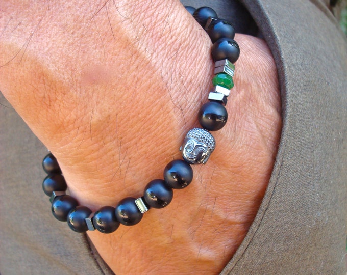 Men's Spiritual Tibetan Buddha Bracelet with Semi Precious Matte Onyx, Emerald Jade, Hematites, Wood - Serenity, Fortune Yoga Man Bracelet