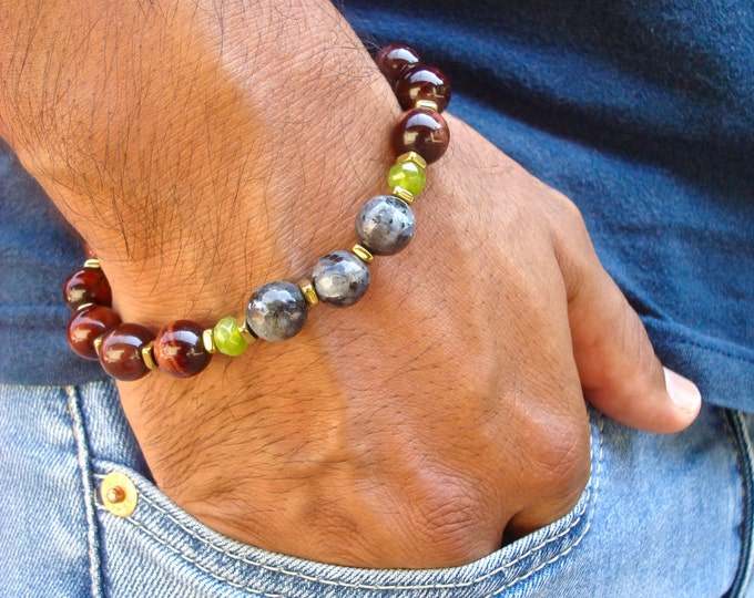 Men's Spiritual Healing, Protection, Strength, Love Bracelet- Red Tiger's Eye, Labradorite, Green Garnet, Hematites - Bohemian Man Bracelet