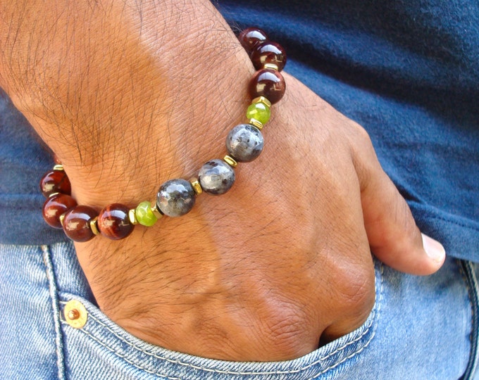 Men's Spiritual Healing, Protection, Strength, Love Bracelet- Red Tiger's Eye, Labradorite, Green Garnet, Hematites - Bohemian Man Bracelet