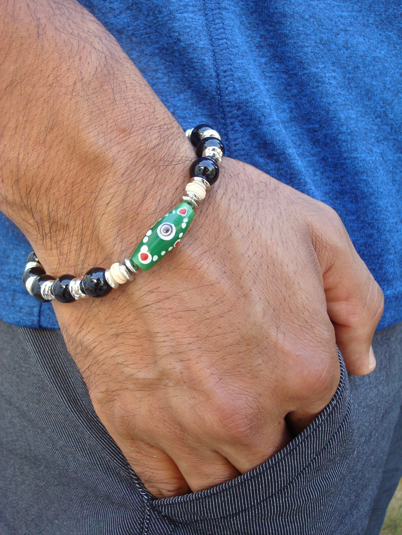 Men's Evil Eye Protection Bracelet White Howlite Green Etsy