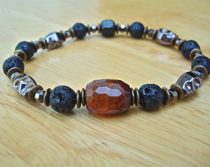 Men's Rocker Love Bracelet with Semi Precious Dragon Vein Agate, Hematites Skulls, Black Lava, Brass - Rocker Man Bracelet