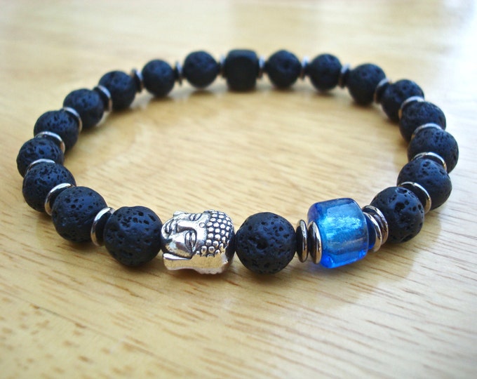 Men's Spiritual Good Fortune Tibetan Buddha Bracelet with Black Lava, Cobalt Murano Bead, Gunmetal Rondelles, Wood Cube - Yoga Man Bracelet