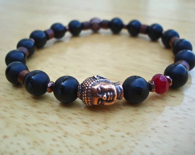 Men's Spiritual Healing, Serenity, Fortune, Copper Tibetan Buddha Bracelet with Semi Precious Ruby Jade, Matte Onyx, Hematites, Wood -Yoga