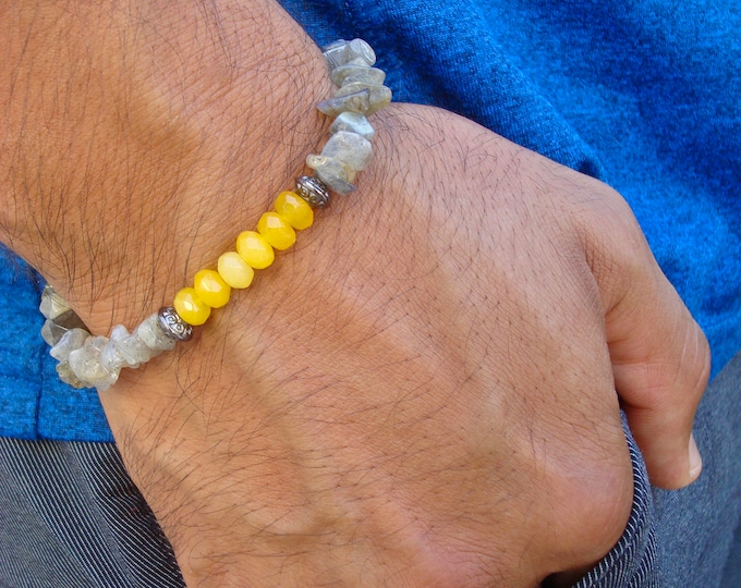 Men's Spiritual Energy and Serenity Bracelet with Semi Precious Labradorite, Deep Yellow Jade, Gunmetal filigree  -  Hipster Man Bracelet