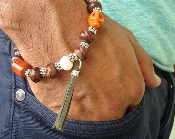 Men's Bracelet with Terracotta Jasper and Hand Carved Skull Howlite, Wood and Bone, Wire Wrapped Leather Tassel Charm, Steampunk Bracelet