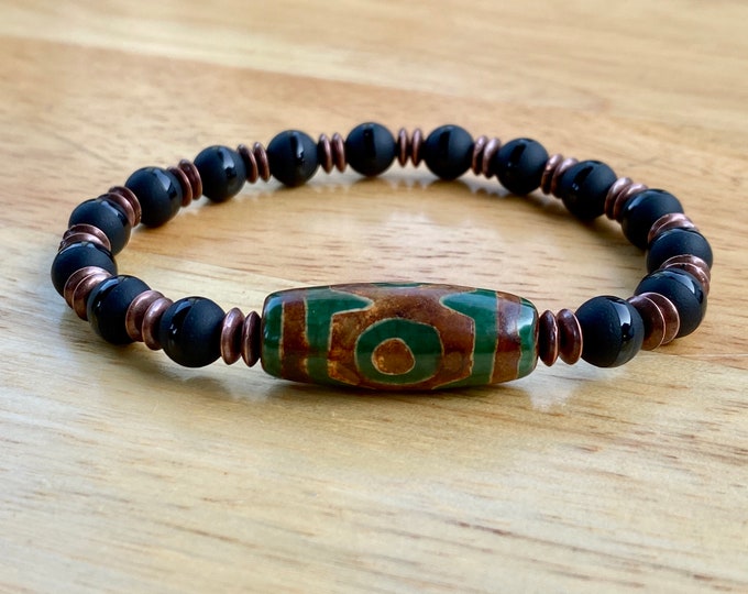 Men's Spiritual Healing and Protection Tibetan Bracelet with Semi Precious Tibetan Agate, Onyx, Copper - Strength, Power, Fortune Bracelet