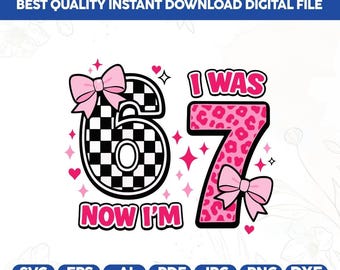 I Was 6 Now I'm 7 Birthday 7 Years Old Leopard Coquette Bow svg Png,Preppy Coquette Bow Birthday svg Png,I Was 6 Now I'm 7 Birthday svg Png,