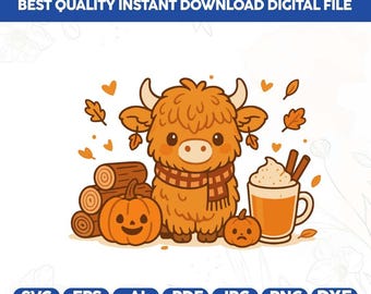 Fall Highland Cow SVG PNG,Highland Cow Sublimation Design for Shirts, Cute Autumn Cow with Scarf & Pumpkin Spice Latte,Cricut cut files