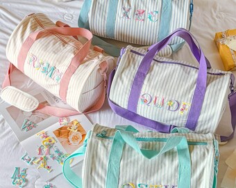 Bolso de mano personalizado a rayas con flor, bolso de playa personalizado, bolso de viaje, bolso para damas de honor, regalos para despedidas de soltera, regalos de boda.