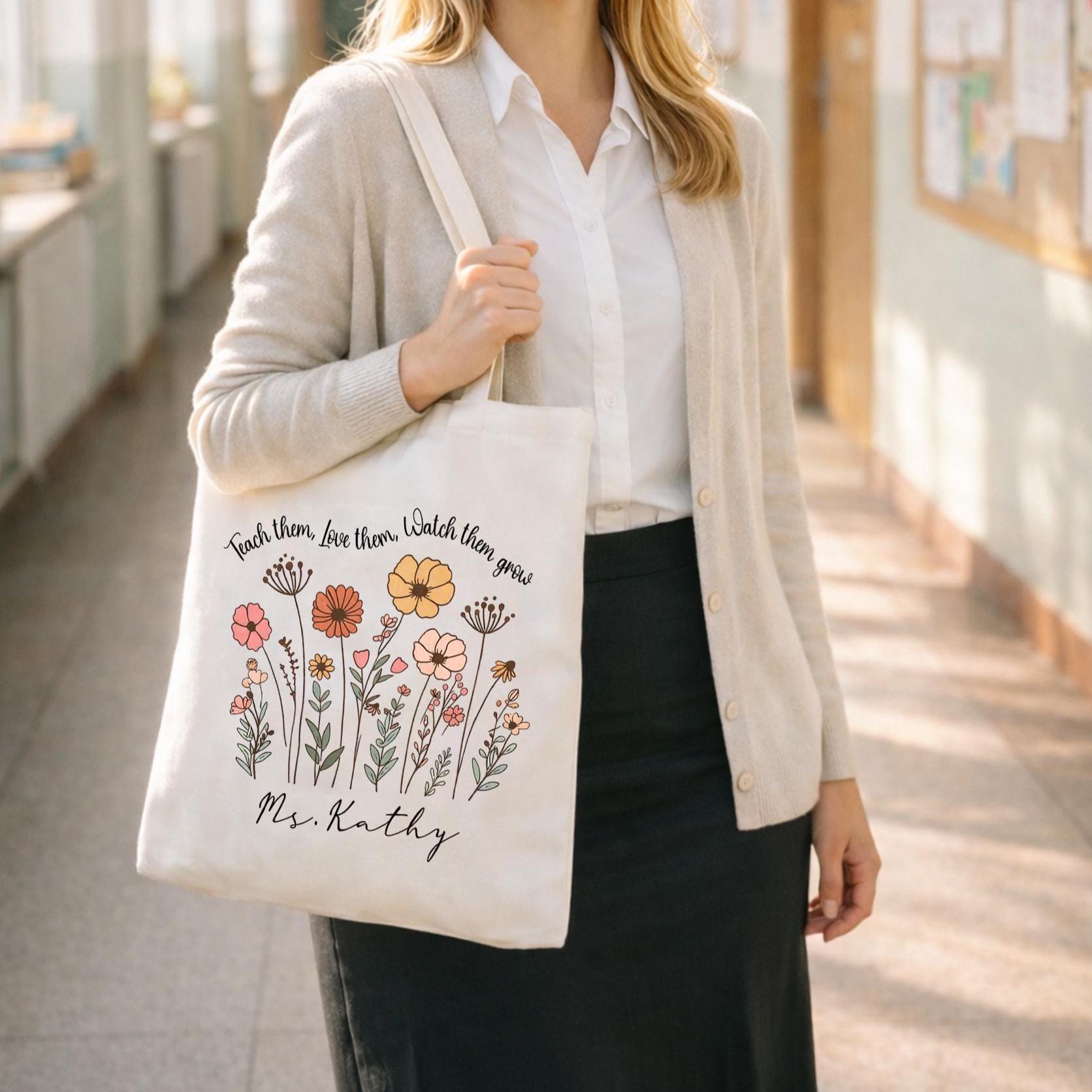 Personalized Teacher Tote Bag With Zipper, Custom Teacher's Name Canvas ...