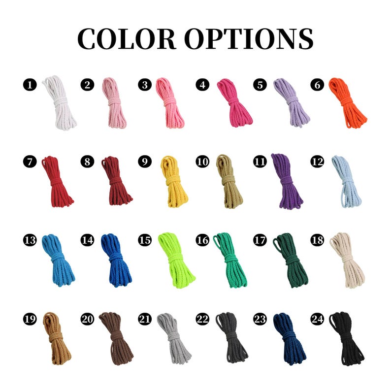 May include: An image displaying 24 color options of rope bundles. The colors include white, pink, red, orange, purple, blue, green, yellow, brown, and gray. The text "COLOR OPTIONS" is at the top of the image.