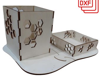 Honeycomb Sticky Note With Pencil Holder Laser Cut Digital File Download, Wooden Note Pad Holder and Ink Pen Set Template Cutting File