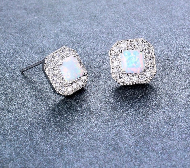 White square fire opal stud earrings 925 sterling stud earrings perfect for your bridesmaid jewelry