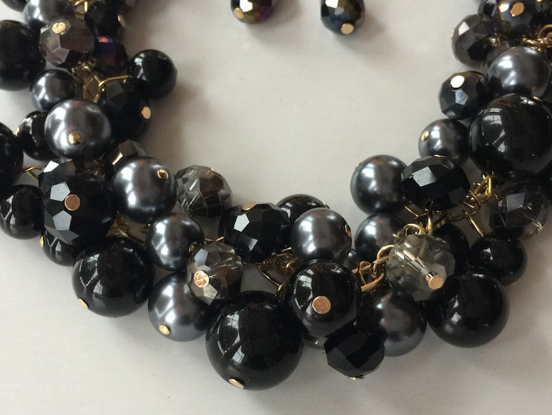 One of a kind chunky pearl necklace in crystals and black and dark gray pearls on gold chain