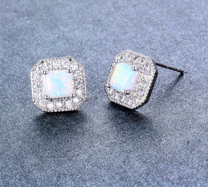 White square fire opal stud earrings 925 sterling stud earrings perfect for your bridesmaid jewelry
