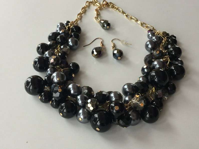 One of a kind chunky pearl necklace in crystals and black and dark gray pearls on gold chain