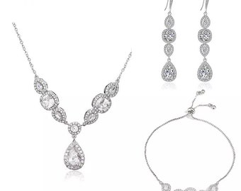UDORA CZ Tearsdrop Earrings Necklace Jewelry Set for Bridal Bridesmaids 